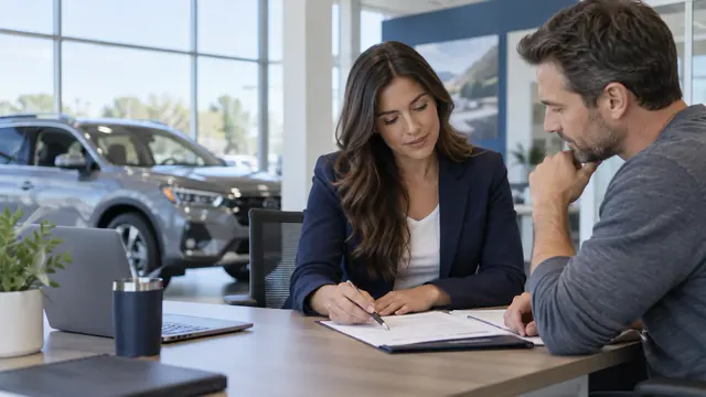 A customer reviewing vehicle financing with a dealership advisor